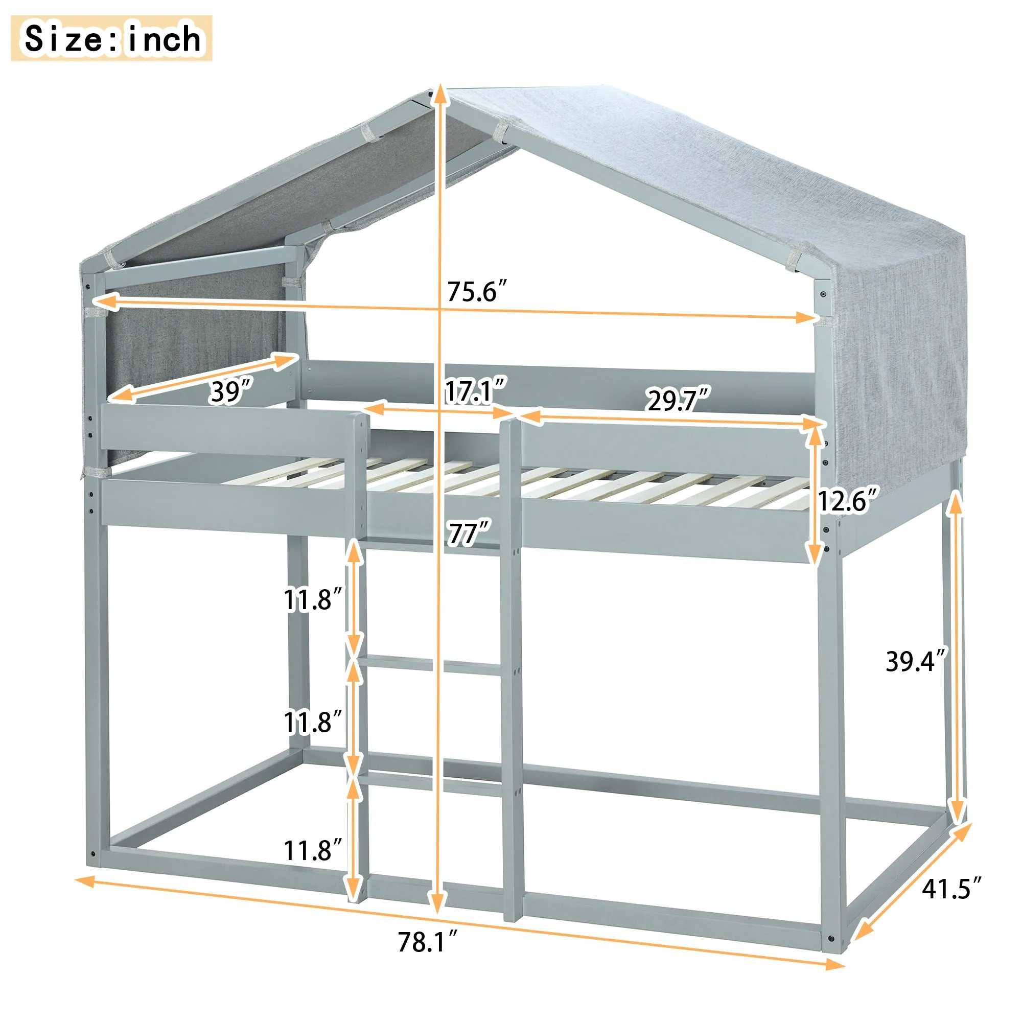 Twin Over Twin Bunk Bed Wood Bed with Tent, Gray