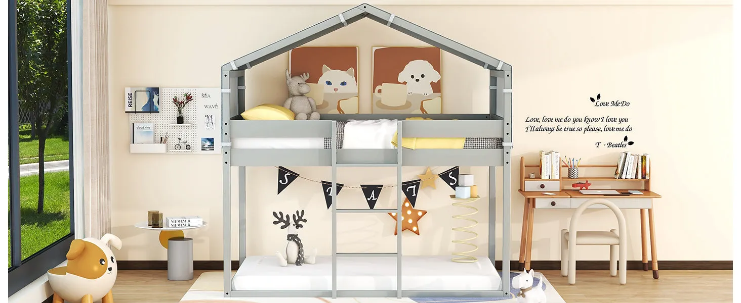 Twin Over Twin Bunk Bed Wood Bed with Tent, Gray