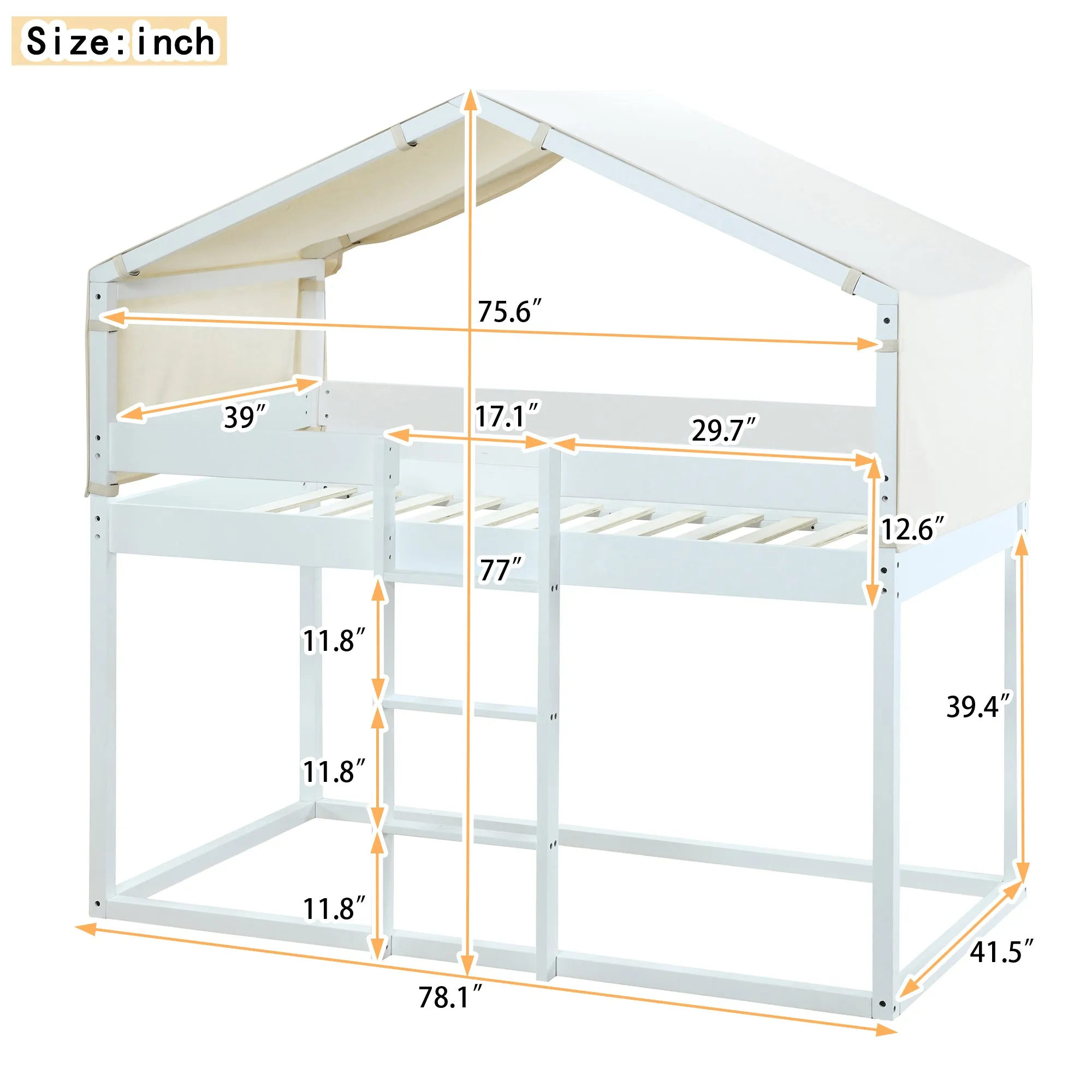 Twin Over Twin Bunk Bed Wood Bed with Tent, White