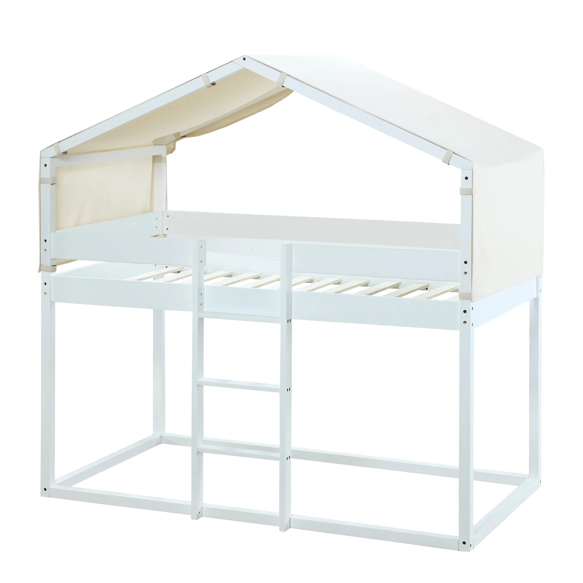 Twin Over Twin Bunk Bed Wood Bed with Tent, White