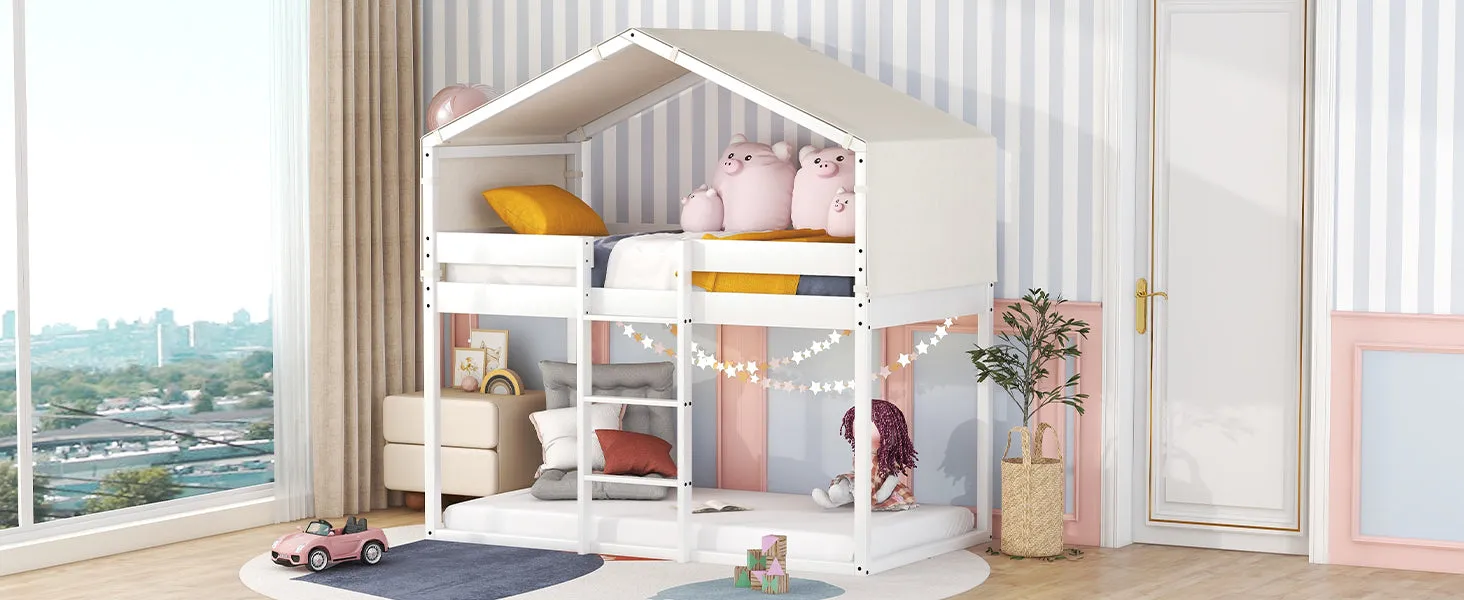 Twin Over Twin Bunk Bed Wood Bed with Tent, White